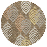 8' Chocolate Beige And Gray Round Floral Washable Indoor Outdoor Area Rug