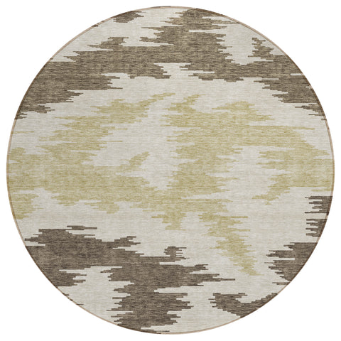 8' Chocolate Beige And Gold Round Abstract Washable Indoor Outdoor Area Rug