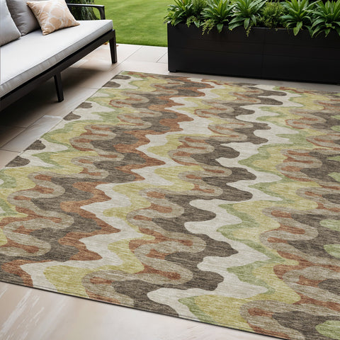 5' X 8' Chocolate Copper And Artichoke Green Abstract Washable Indoor Outdoor Area Rug