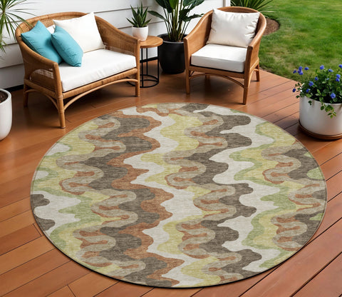 8' Chocolate Copper And Artichoke Green Round Abstract Washable Indoor Outdoor Area Rug