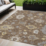 5' X 8' Chocolate Taupe And White Floral Washable Indoor Outdoor Area Rug