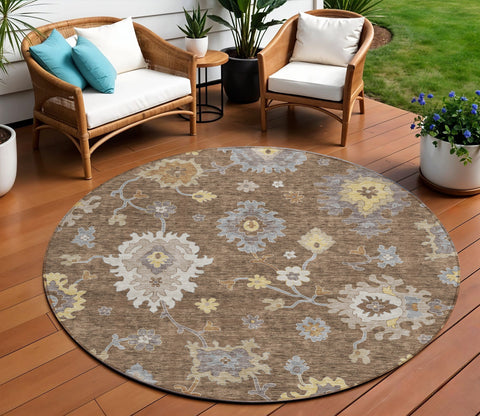 8' Chocolate Taupe And White Round Floral Washable Indoor Outdoor Area Rug