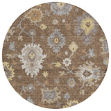 8' Chocolate Taupe And White Round Floral Washable Indoor Outdoor Area Rug