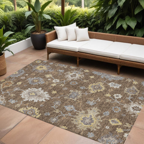 8' X 10' Chocolate Taupe And White Floral Washable Indoor Outdoor Area Rug