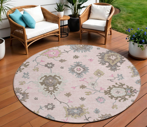 8' Pink Ivory And Chocolate Round Floral Washable Indoor Outdoor Area Rug