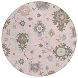 8' Pink Ivory And Chocolate Round Floral Washable Indoor Outdoor Area Rug