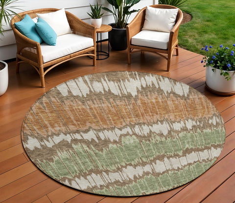 8' Chocolate Copper And Green Round Striped Washable Indoor Outdoor Area Rug