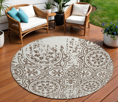 8' Chocolate And Ivory Round Medallion Washable Indoor Outdoor Area Rug