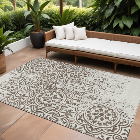 8' X 10' Chocolate And Ivory Medallion Washable Indoor Outdoor Area Rug