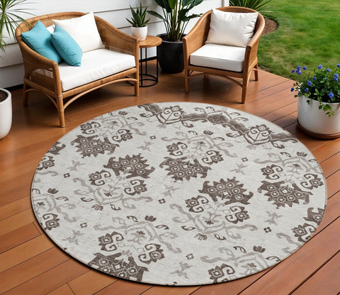 8' Chocolate Taupe And Beige Round Oriental Washable Indoor Outdoor Area Rug