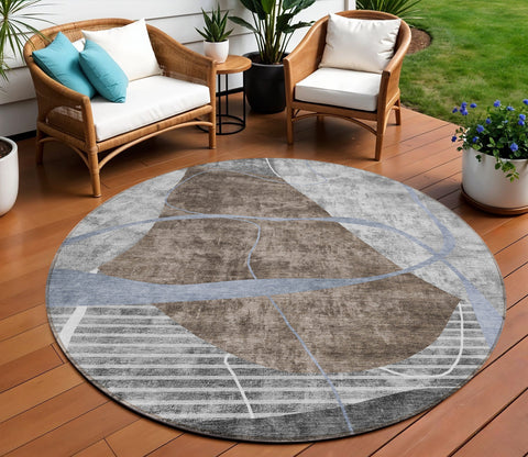 8' Chocolate Gray And Charcoal Round Abstract Washable Indoor Outdoor Area Rug