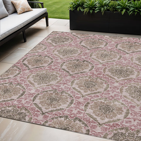 5' X 8' Chocolate Beige And Mauve Medallion Washable Indoor Outdoor Area Rug