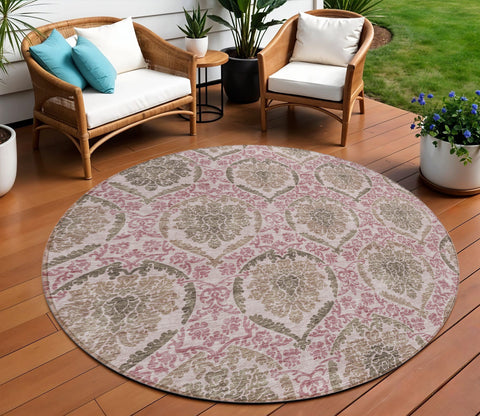 8' Chocolate Beige And Mauve Round Medallion Washable Indoor Outdoor Area Rug