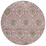 8' Chocolate Beige And Mauve Round Medallion Washable Indoor Outdoor Area Rug