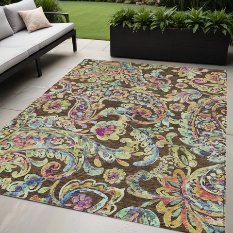 5' X 8' Chocolate And Artichoke Green Paisley Washable Indoor Outdoor Area Rug