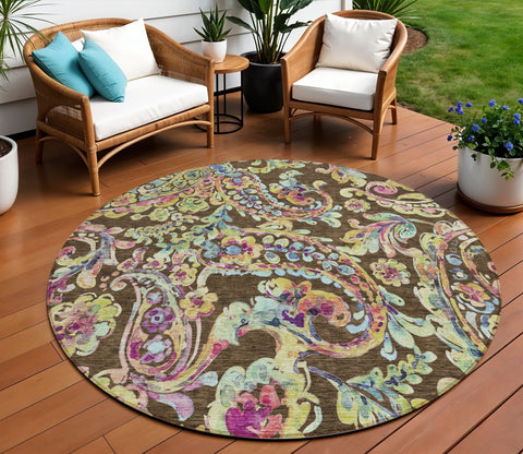 8' Chocolate And Artichoke Green Round Paisley Washable Indoor Outdoor Area Rug