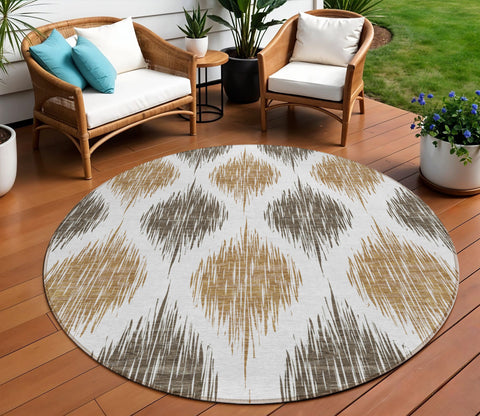 8' Chocolate And Ivory Round Ikat Washable Indoor Outdoor Area Rug