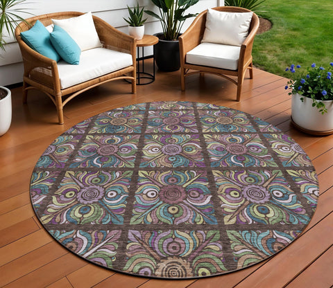 8' Chocolate Purple And Teal Blue Round Medallion Washable Indoor Outdoor Area Rug