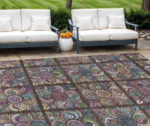 8' X 10' Chocolate Purple And Teal Blue Medallion Washable Indoor Outdoor Area Rug