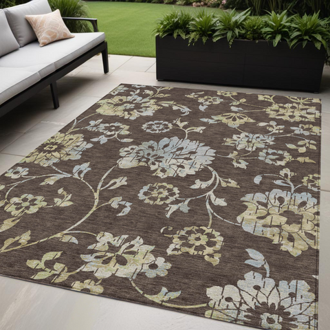 5' X 8' Chocolate Sky Blue And Artichoke Green Floral Washable Indoor Outdoor Area Rug