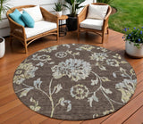 8' Chocolate Sky Blue And Artichoke Green Round Floral Washable Indoor Outdoor Area Rug