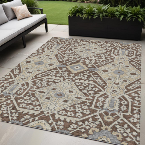 5' X 8' Chocolate Gray And Beige Floral Washable Indoor Outdoor Area Rug