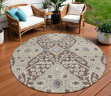 8' Chocolate Gray And Beige Round Floral Washable Indoor Outdoor Area Rug