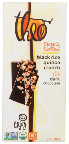 Theo Black Rice Quinoa Crunch 85% Dark Chocolate (12x3 OZ)