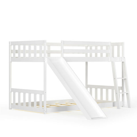 Twin over Twin Bunk Wooden Low Bed with Slide Ladder for Kids-White Twin