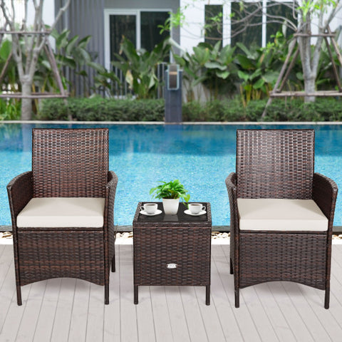 3 Pieces Patio Rattan Furniture Set Cushioned Sofa and Glass Tabletop