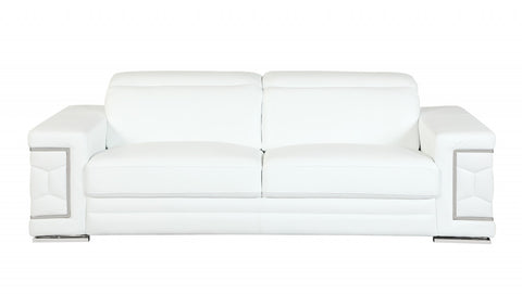 89" White Italian Leather Sofa With Silver Legs