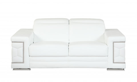 71" White Italian Leather Sofa With Silver Legs