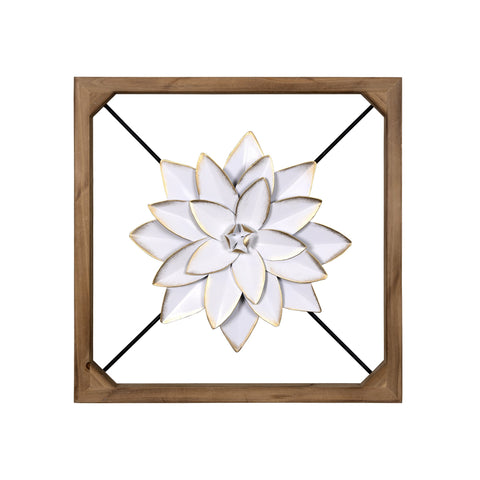 Wood Framed White Metal Flower Wall D��cor