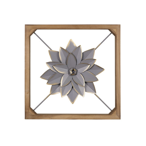 Wood Framed Gray Metal Flower Wall D��cor