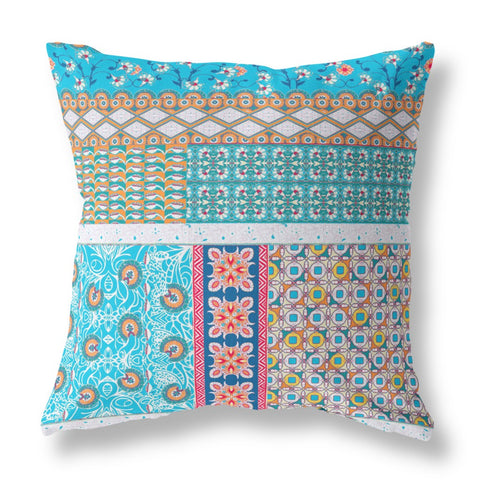 20��� Turquoise White Patch Indoor Outdoor Zippered Throw Pillow