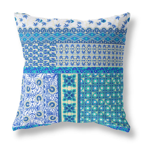 20��� Turquoise Blue Patch Indoor Outdoor Zippered Throw Pillow