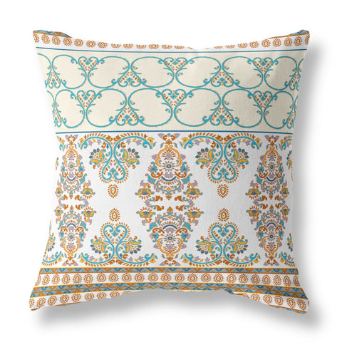 26"x26" White Teal Orange Zippered Broadcloth Damask Throw Pillow