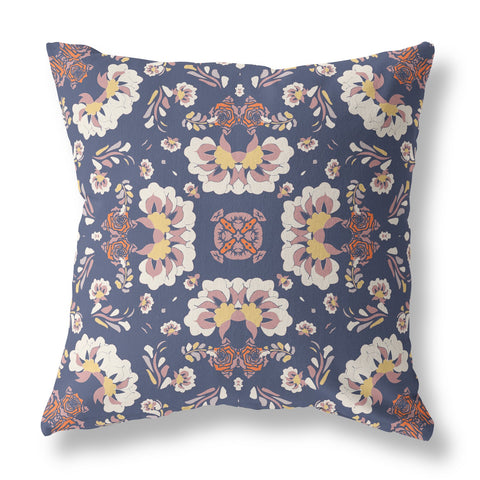 26" Blue White Floral Indoor Outdoor Zip Throw Pillow