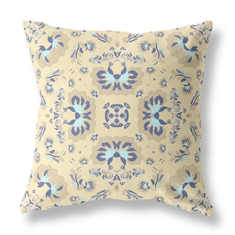 26" Beige Blue Floral Indoor Outdoor Zip Throw Pillow