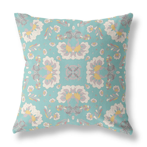 26" Mint White Floral Indoor Outdoor Zip Throw Pillow