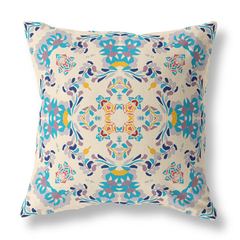 26" Blue White Filigree Indoor Outdoor Zip Throw Pillow