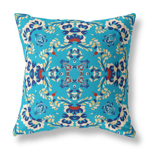 26" Cyan Blue Filigree Indoor Outdoor Zip Throw Pillow