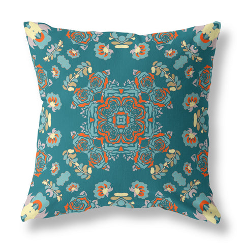 26��� Teal Orange Wreath Indoor Outdoor Zippered Throw Pillow