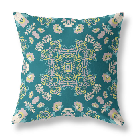 20��� Teal Yellow Wreath Indoor Outdoor Zippered Throw Pillow