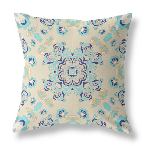 26��� Blue Beige Wreath Indoor Outdoor Zippered Throw Pillow