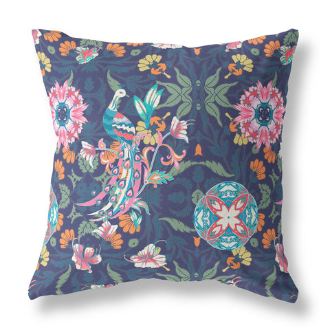 26" Navy Pink Peacock Indoor Outdoor Zip Throw Pillow