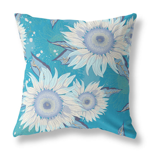 26" Aqua White Sunflower Indoor Outdoor Zippered Throw Pillow