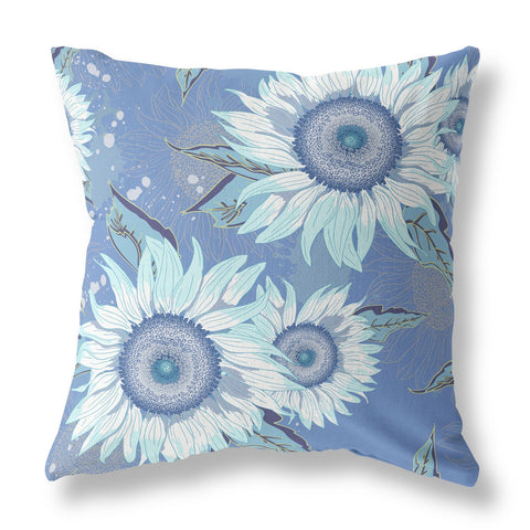 26" Blue White Sunflower Indoor Outdoor Zippered Throw Pillow