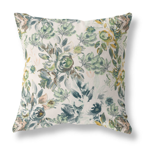 20��� White Green Florals Indoor Outdoor Zippered Throw Pillow