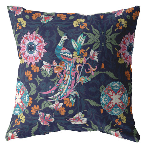 26" Navy Pink Peacock Indoor Outdoor Throw Pillow